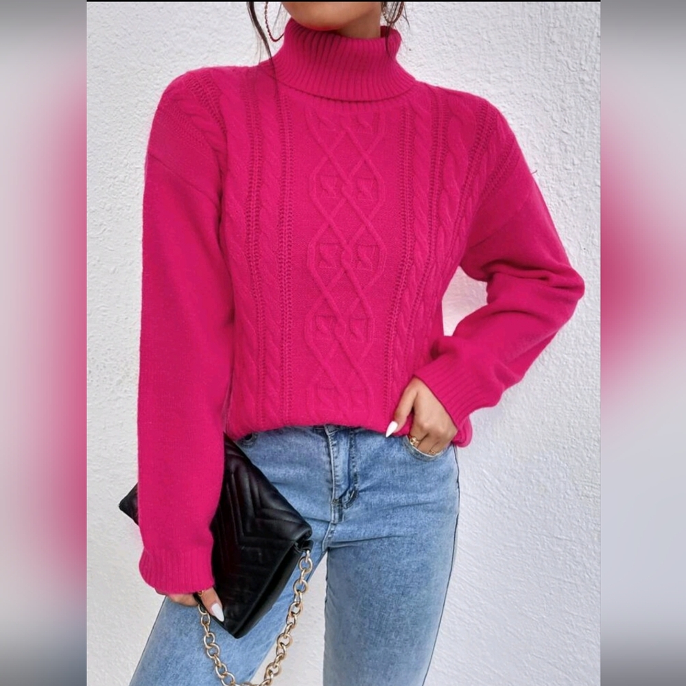 Turtle Neck Drop Shoulder Cable Knit Sweater